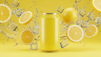 A refreshing can of lemonade surrounded by flying lemons and ice cubes