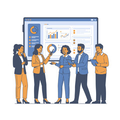 Obraz premium Diverse professional team of five people reviews project milestones on a large interactive screen in a modern conference room, rendered in a 2D flat graphic illustration style