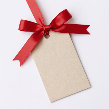 Isolated beige gift tag with red ribbon on white background