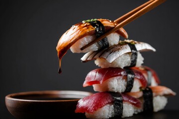 Sushi nigiri is placed on a wooden plate. A pair of chopsticks is lifting a piece of sushi above a small bowl of soy sauce Generative AI