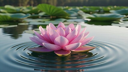 Pink water lily floating on calm water surface surrounded by green foliage