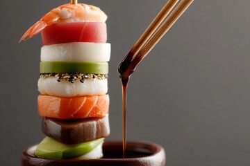 Sushi nigiri stacked on a small container. Soy sauce flows down from chopsticks positioned above the sushi. The setting is simple and minimal Generative AI