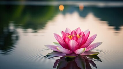 Pink water lily floating on calm water with reflections and soft lighting