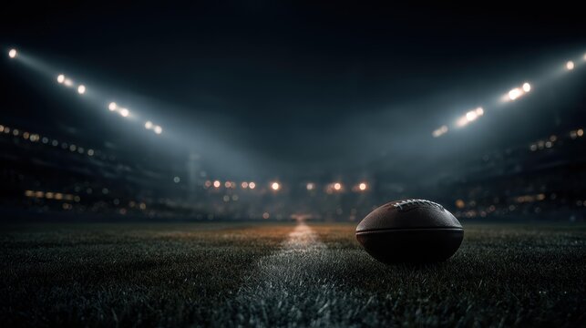 American football under bright stadium lights at night with blurred crowd for sports marketing and event promotion