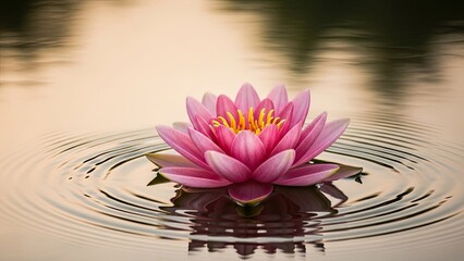 Pink water lily floating on calm water with soft lighting and reflections