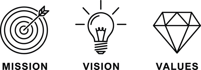 Mission vision values icon vector set featuring target lightbulb diamond symbols for business branding and corporate identity © Rubya