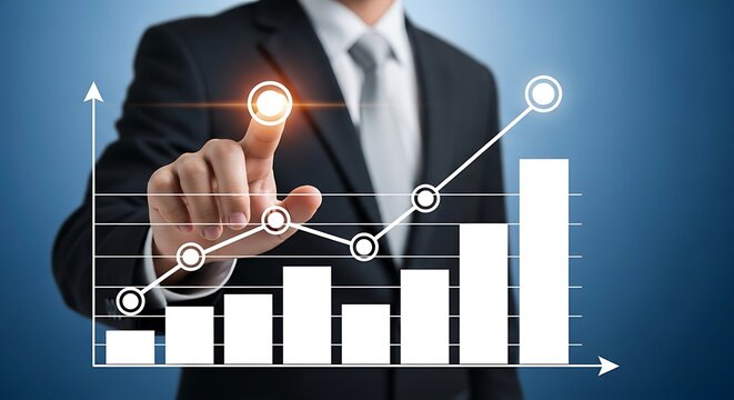 Business professional interacting with a digital growth chart and data visualization - Powered by Adobe