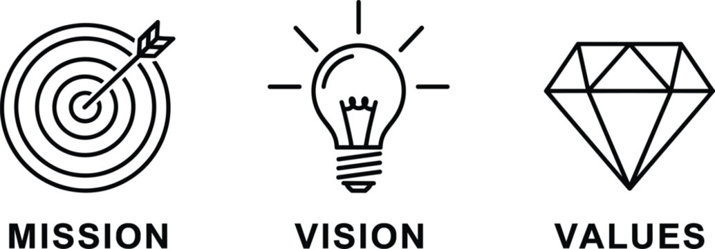 Mission vision values icon vector set featuring target lightbulb diamond symbols for business branding and corporate identity