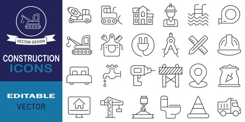 Construction simple outline isolated icon set collection. Set of 24 icons related to building, repair tools, construction, renovation and more symbol. Vector website graphic illustration.