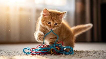 Playful ginger kitten engaged with colorful yarn indoors with soft lighting