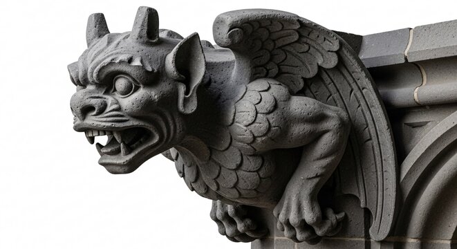 Detailed stone gargoyle sculpture with open mouth and detailed wings isolated
