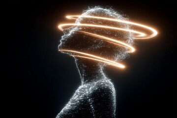 The silhouette appears in a dark environment, with a glowing spiral crown above the head. The light creates a striking visual around the figure, showing motion and form Generative AI