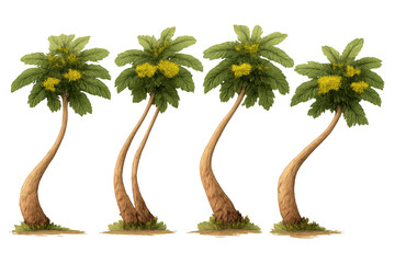 Four tropical palm trees with curved trunks, green leaves, and vibrant yellow flower clusters. Isolated natural elements