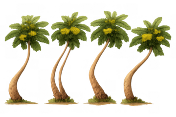 Four tropical palm trees with curved trunks, green leaves, and vibrant yellow flower clusters. Isolated natural elements