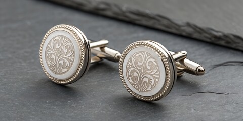 Pair of engraved silver cufflinks with white circular inserts rests upon dark slate background texture