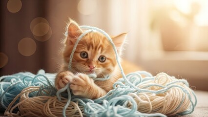 Playful ginger kitten entangled in yarn looking directly at the viewer