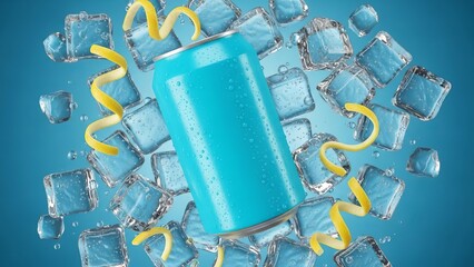 A refreshing blue can surrounded by ice cubes and lemon peels