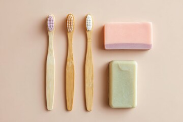 Bamboo toothbrushes sit next to bars of soap in a bathroom that shows a focus on reducing waste. This setting encourages eco-friendly habits Generative AI