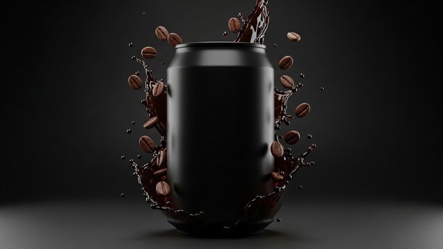 A black can with coffee beans and liquid splashing around it