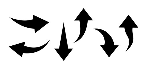 A set of short arrows, a black silhouette of a traffic navigation sign, isolated on a white background, vector illustration. A collection of different short direction indicators, orientations