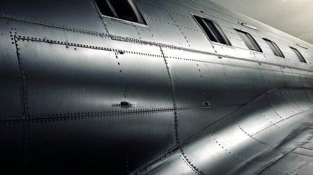 Close-up view of a metallic aeroplane fuselage showing panel lines and rivets