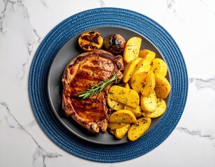 Grilled meat and roasted potatoes on a plate, a delicious meal
