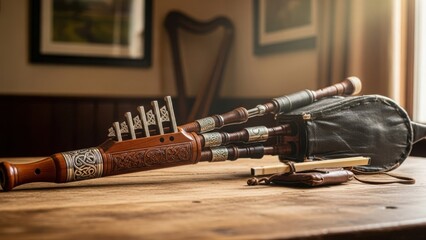 Traditional Irish Uilleann pipes on a rustic wooden table. Ornate Celtic craftsmanship of a folk musical instrument. Cultural heritage and sound