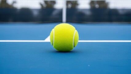 A single tennis ball resting on a blue tennis court near the net