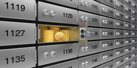 Open Safe Deposit Box with Gold Coins Inside &ndash; Symbol of Wealth and Security, 3d render