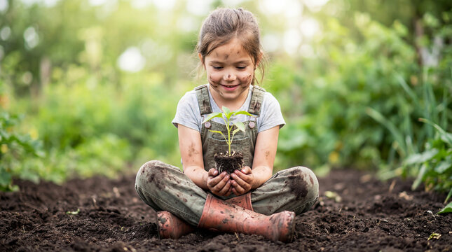 Little girl carefully and lovingly holding a small plant