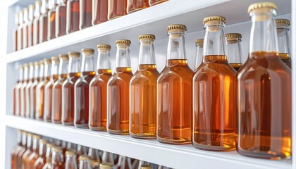 A shelf displays numerous bottles filled with a golden-brown liquid, capped with gold