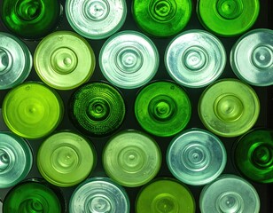 Overhead view of rows of various-toned green and clear glass bottles