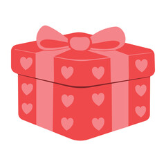 Red gift box with bow and hearts on white background. Cartoon vector icon present box. Illustration for icon, sign, postcard, poster, banner, gift certificate, valentine's day, christmas, birthday. 