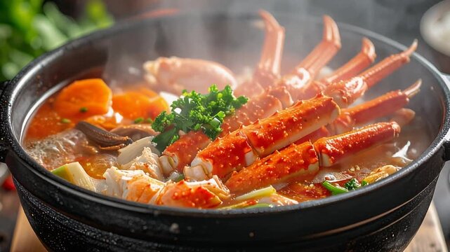 黒い鍋に盛られた蟹料理が食卓を華やかに彩る海鮮シーン
