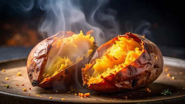 割られた焼き芋から立ち上る湯気が甘さと温もりを伝える