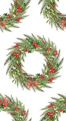 Festive Christmas Wreath Pattern - Holiday Decor with Pinecones and Berries.