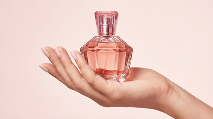 Elegant female hand holds a light pink perfume bottle