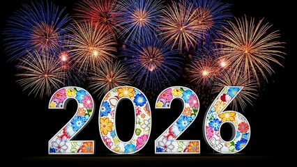 Celebrating new year 2026 with fireworks and floral numbers