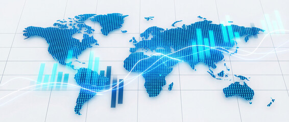 Bar chart on a planisphere background. Financial analysis and market insights worldwide