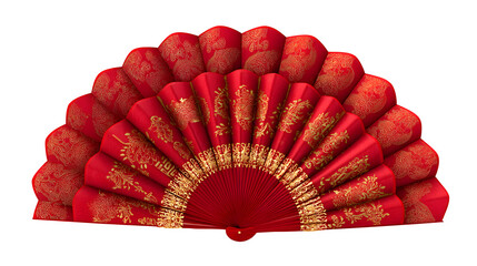 Traditional red Chinese folding fan with an oriental bamboo design and paper pattern as a cultural hand craft accessory isolated for Asian art decoration