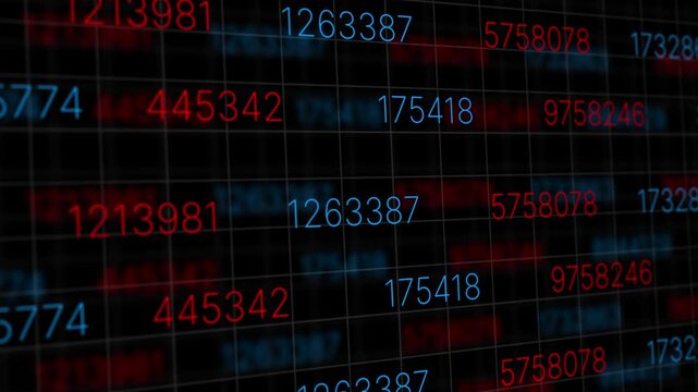 Close up abstract blockchain concept, data blocks, binary code, digital processing. Science, technology, software, machine learning, deep learning, computer. 3D animation.