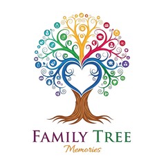 Colorful Family Tree Logo Design with Heart Shape and Memories.