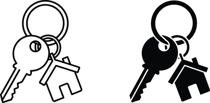 Keys with House Keychain Outline and Solid Silhouette Representation on White Background