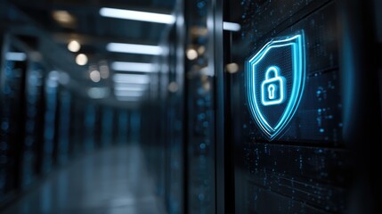 Secure cloud server room with glowing lock shield symbol for data protection and network security, ideal for cyber defense and enterprise IT infrastructure marketing
