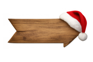 Wooden arrow sign with a santa hat pointing direction, holding blank space for christmas holiday message, transparent background