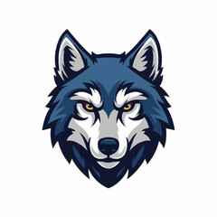 Intense blue wolf head mascot with piercing yellow eyes.