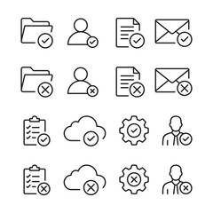 Approval and Rejection Line Icons Set for Document, User, Email, Cloud and System Management