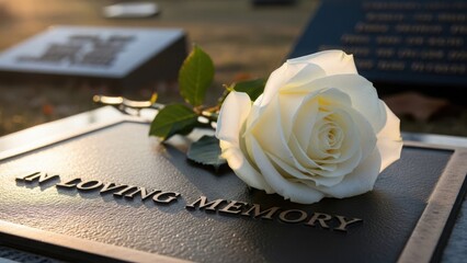 A white rose on a memorial plaque with the inscription in loving memory. Close-up of a flower on a gravestone in a cemetery. Funeral, grief, and remembrance concept