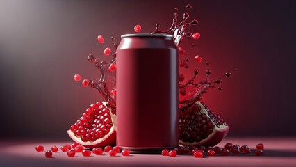 A red can of pomegranate juice with splashing liquid and fruit