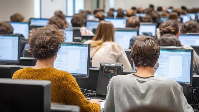 Students in the Digital Learning Environment: A captivating image capturing a sea of students immersed in a digital learning environment, each focused on their computers.